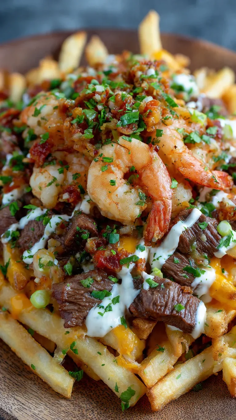 Loaded Fries Topped with Shrimp & Steak Goodness