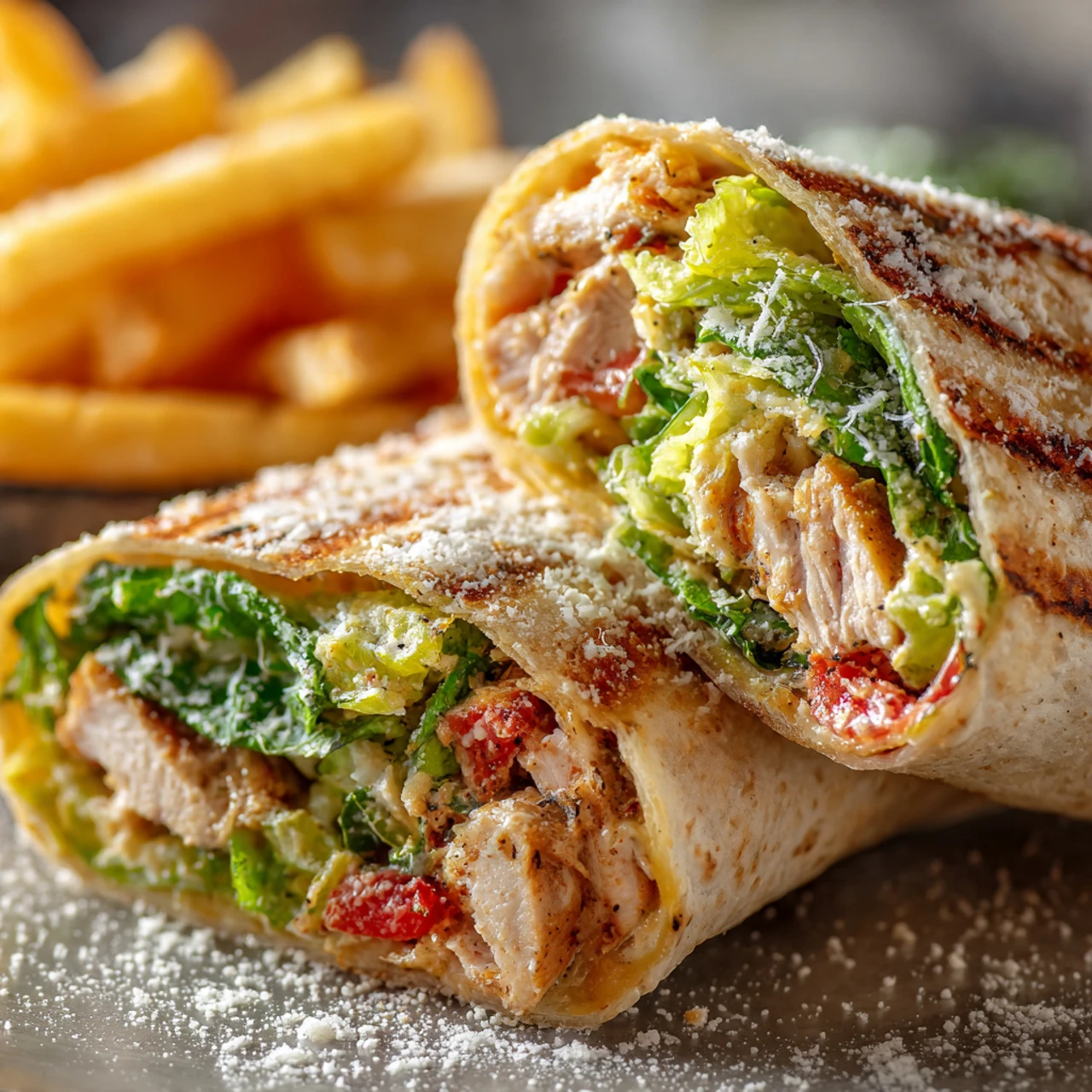 Chicken Caesar Wrap With Truffle Parmesan Fries Chicken Caesar Wrap Truffle Parmesan Fries