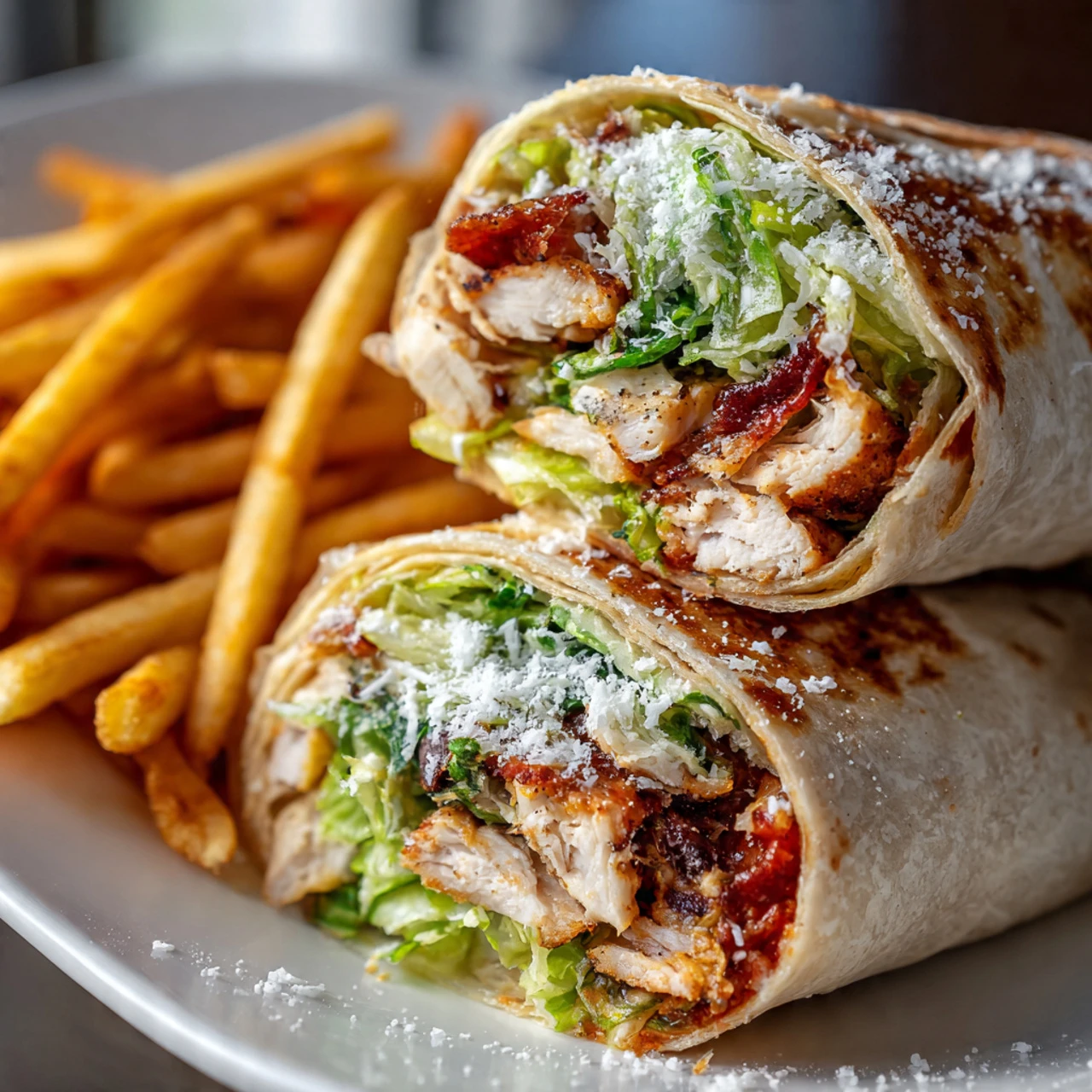 Chicken Caesar Wrap With Truffle Parmesan Fries Chicken Caesar Wrap Truffle Parmesan Fries