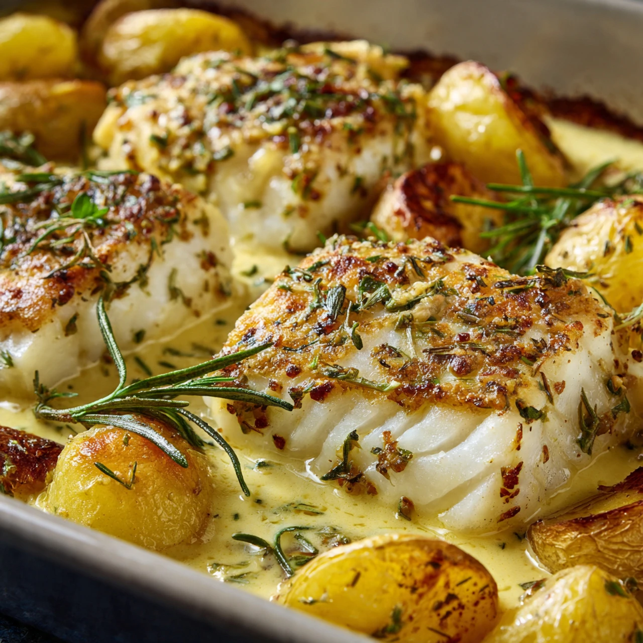 Cod & Potatoes In Rosemary Cream Sauce Cod Potatoes Rosemary Cream Sauce