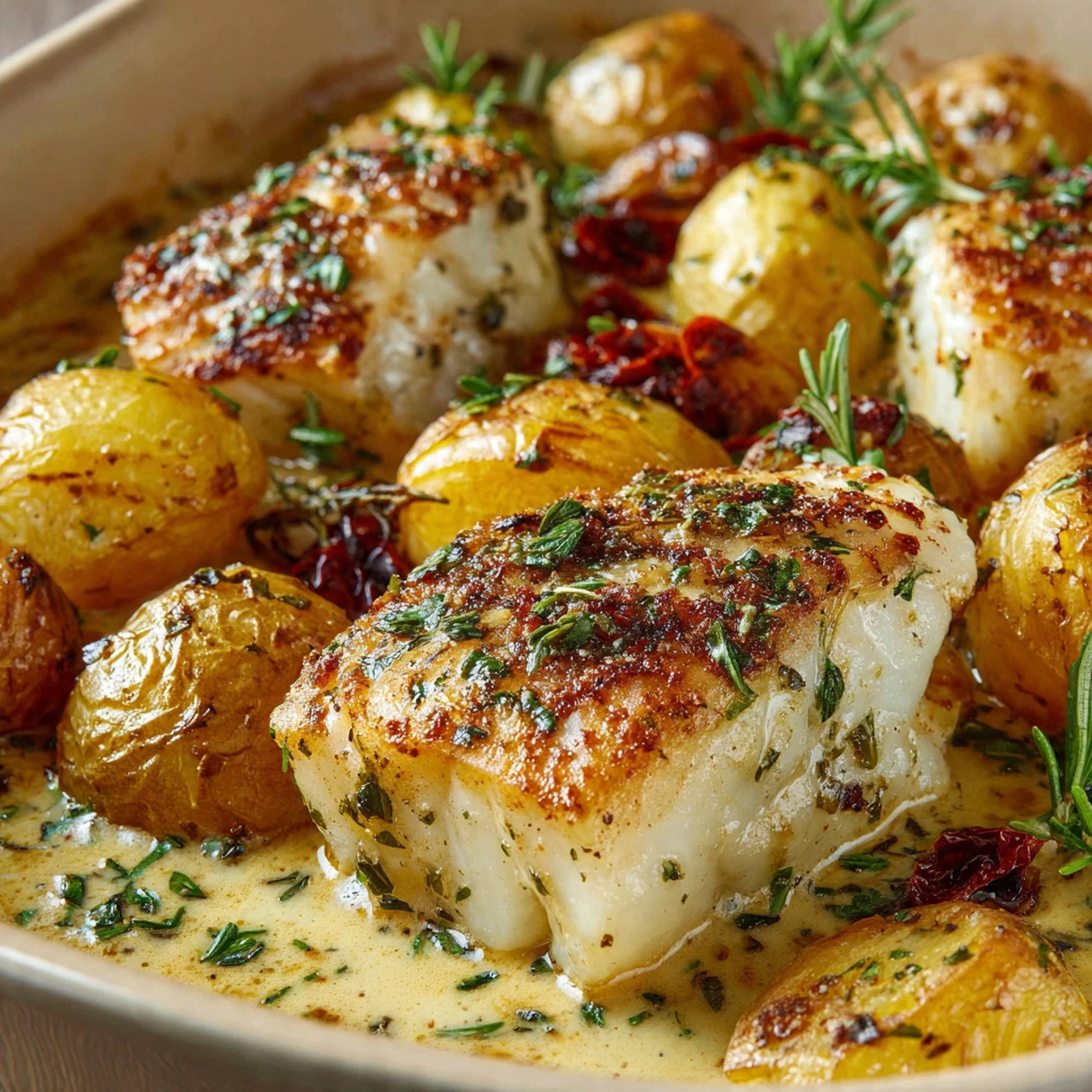 Cod & Potatoes In Rosemary Cream Sauce Cod Potatoes Rosemary Cream Sauce