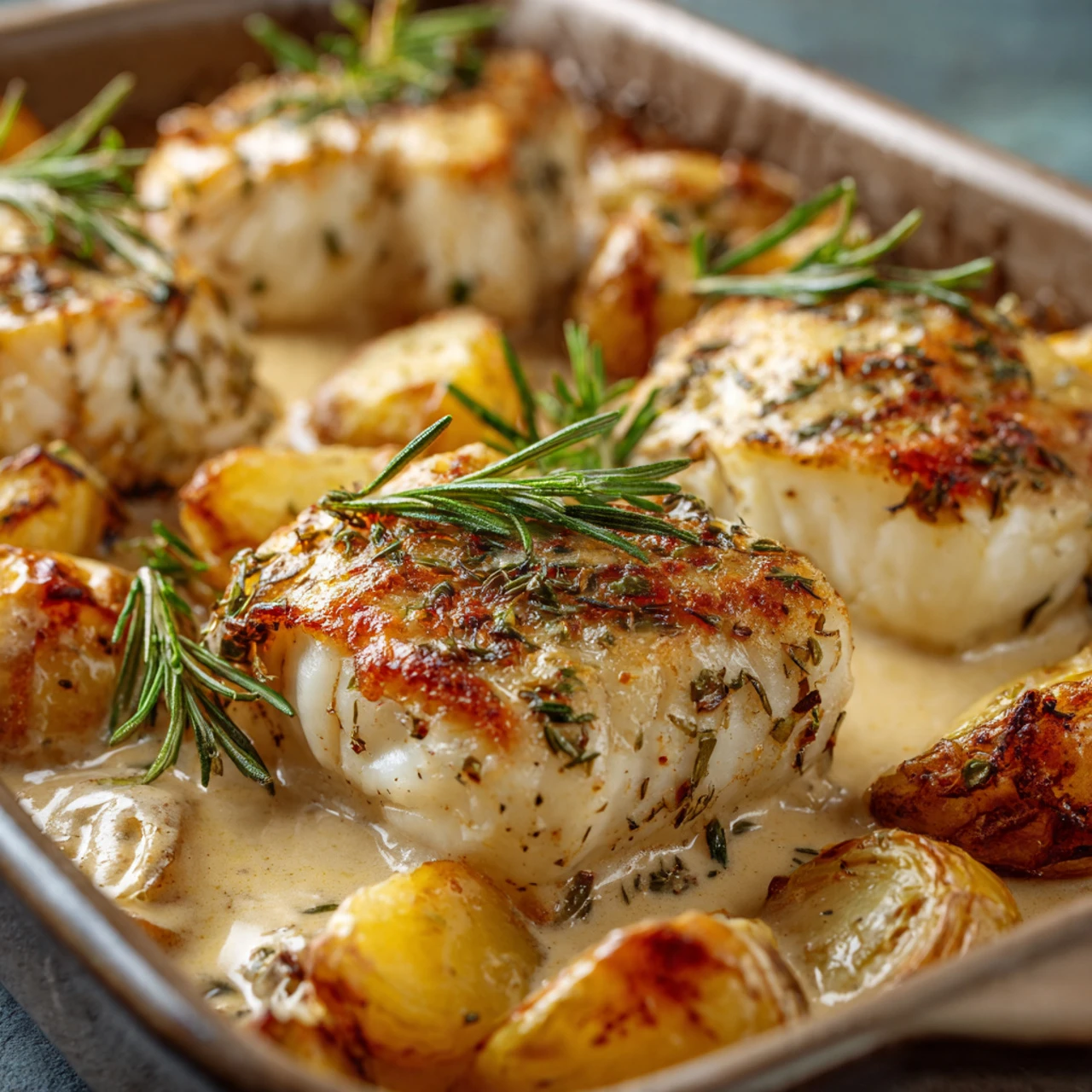 Cod & Potatoes In Rosemary Cream Sauce Cod Potatoes Rosemary Cream Sauce