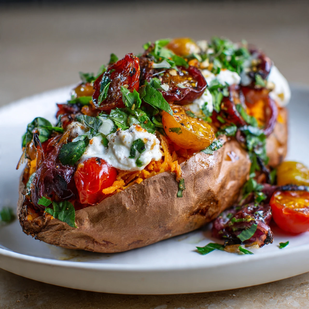 Mediterranean Stuffed Sweet Potatoes Mediterranean Stuffed Sweet Potatoes Recipe
