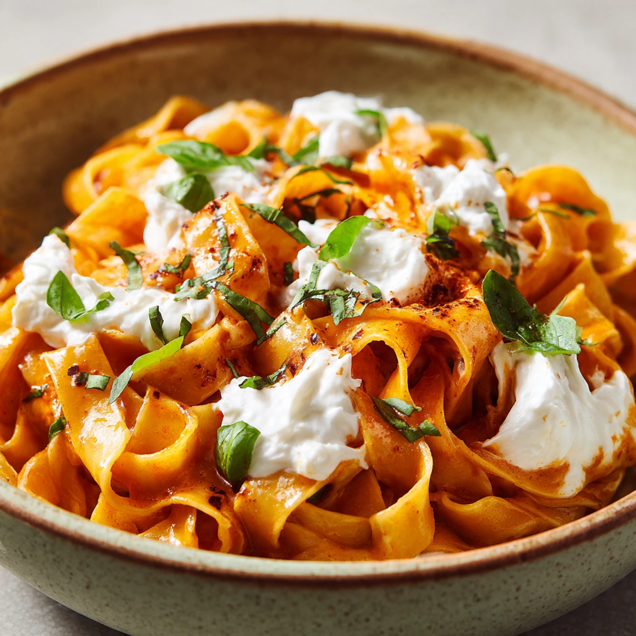 Creamy Red Pepper Pasta with Burrata & Herbs