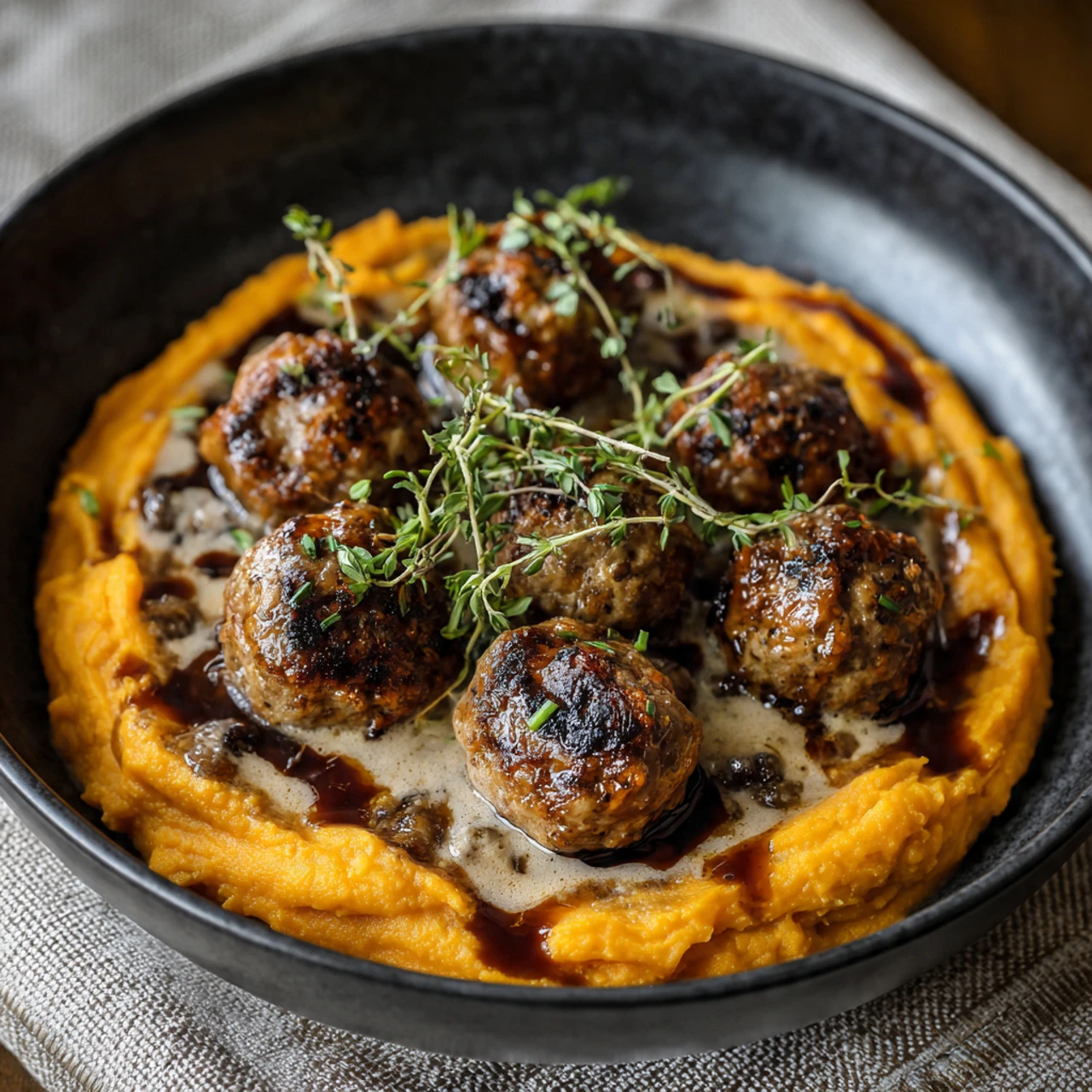 Irresistible Pork Meatballs With Sweet Potato Mash Irresistible Pork Meatballs Sweet Potato Mash Bourbonmaple