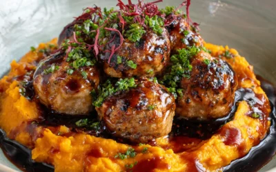 Irresistible Pork Meatballs with Sweet Potato Mash & Bourbon-Maple Sauce