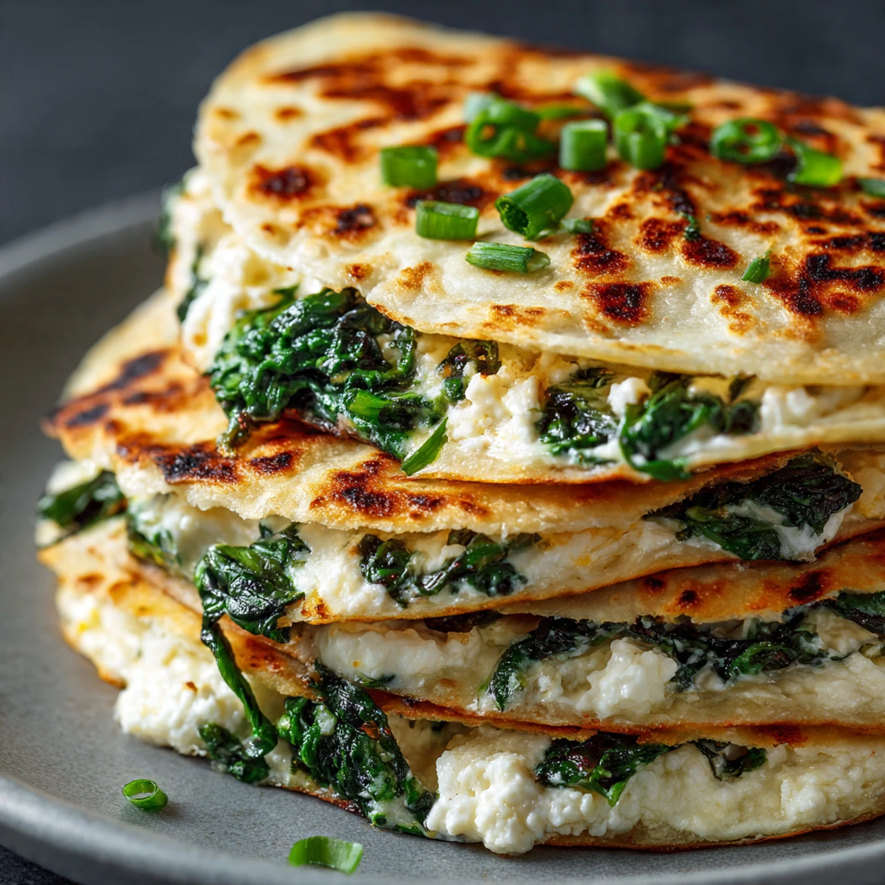 Mediterranean Quesadillas with Spinach, Feta, Mozzarella, and Red Onion