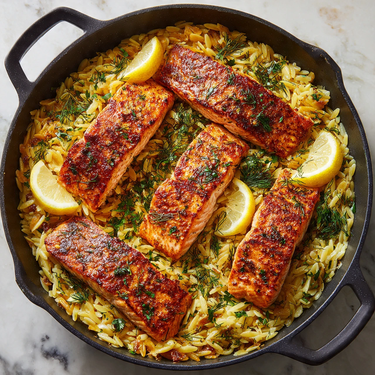 One Skillet Salmon with Lemon Orzo