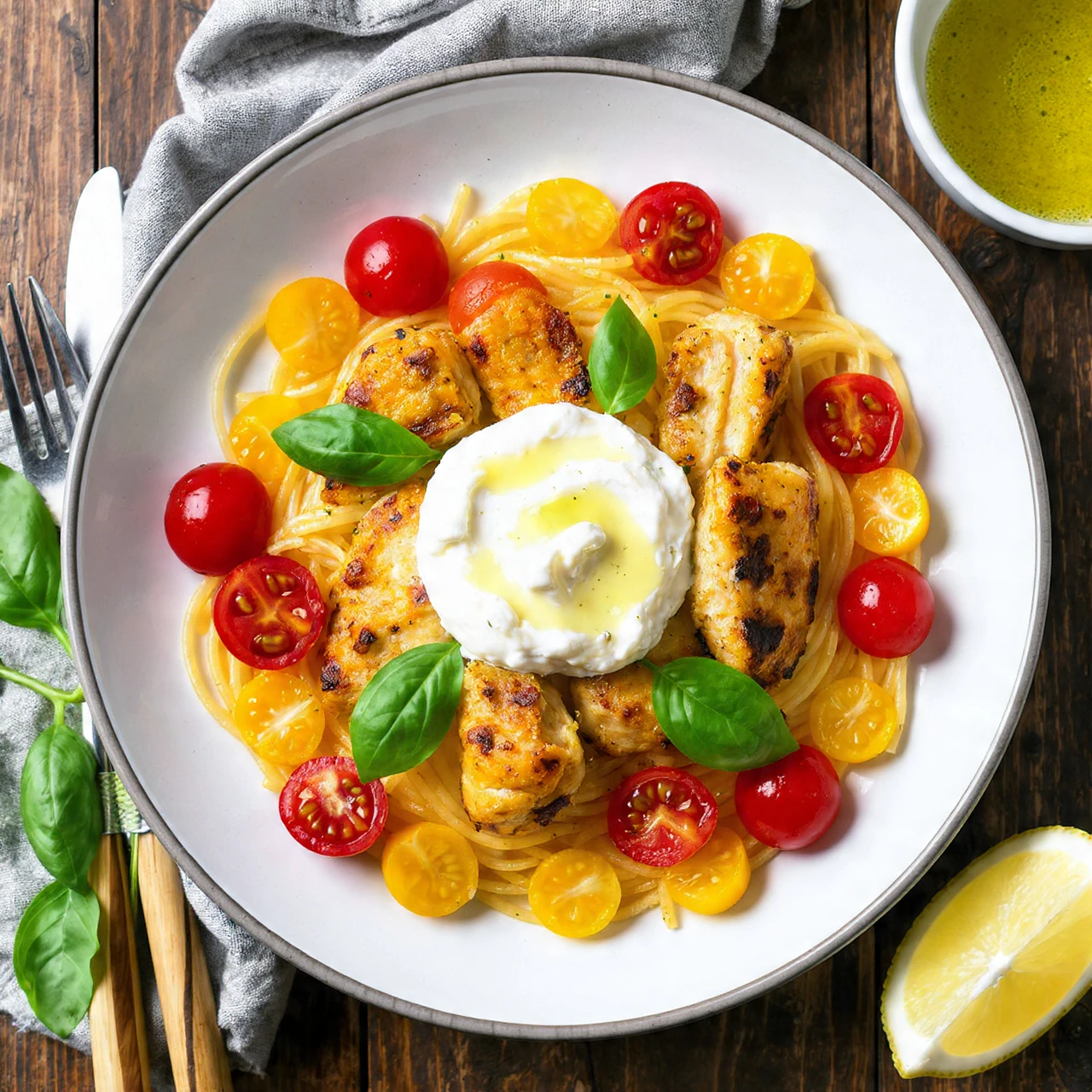 Chicken Spaghetti With Burrata And Lemon Butter Garlic Sauce Recipe Chicken Spaghetti Burrata Lemon Butter Garlic Sauce