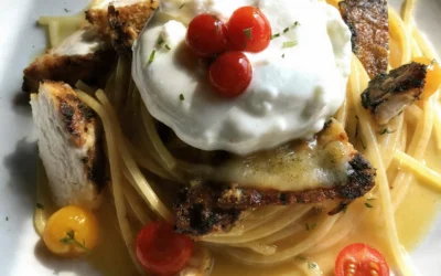 Chicken Spaghetti with Burrata and Lemon Butter Garlic Sauce Recipe