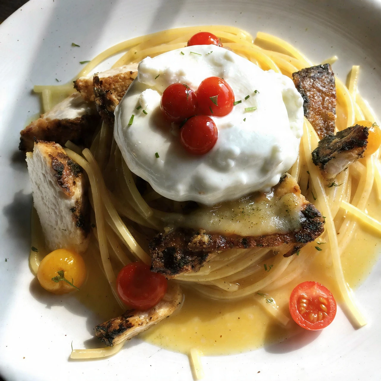 Chicken Spaghetti with Burrata and Lemon Butter Garlic Sauce Recipe