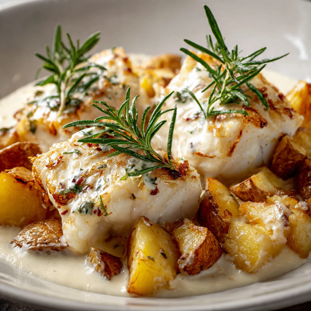 Cod & Potatoes In Rosemary Cream Sauce Cod Potatoes Rosemary Cream Sauce