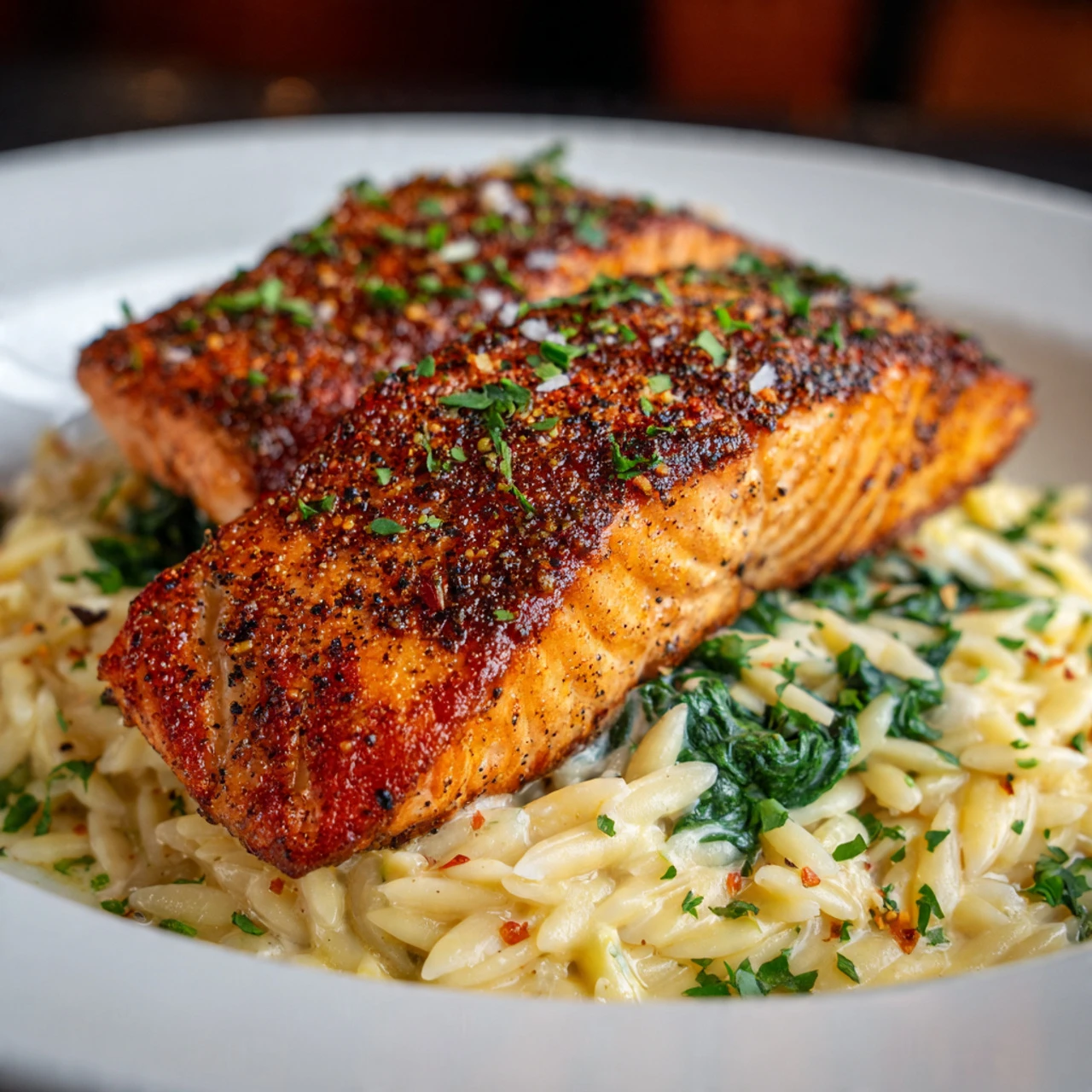 One Skillet Salmon with Lemon Orzo